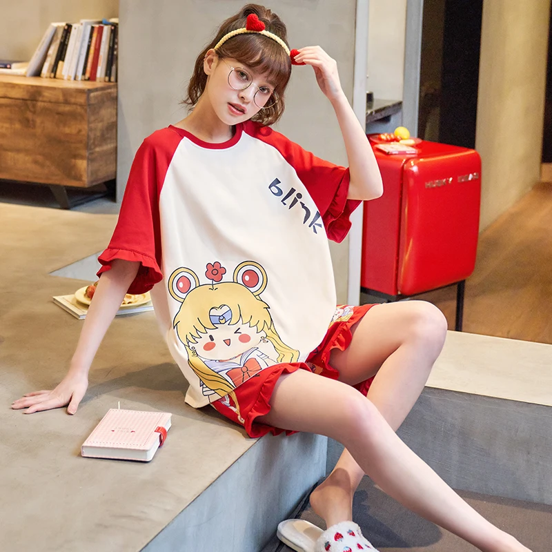 

Sailor Moon Pyjamas Women Cotton Summer Cartoon Patchwork Sleepwear Female Pajamas Set Short Sleeve Cute Night Suit