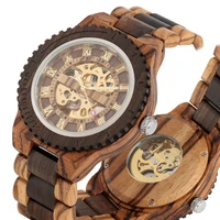 antique clock mens wooden wristwatch automatic mechanical watch skeleton watches roman number display full natural wooden strap