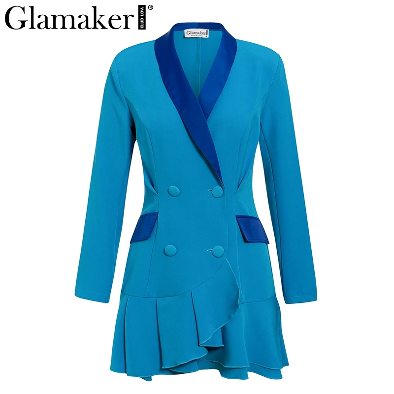 Glamaker, Осеннее винтажное платье-Блейзер, женское лоскутное сатиновое Королевское синее зимнее сексуальное платье, Ретро стиль, с рюшами, короткое вечернее платье, vestidos