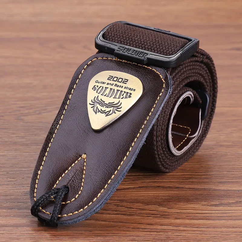 soldat akustische elektrische bass guitar strap schwarz leder enden gürtel schulter personalisierte metall logo straps gitarre zubehör free