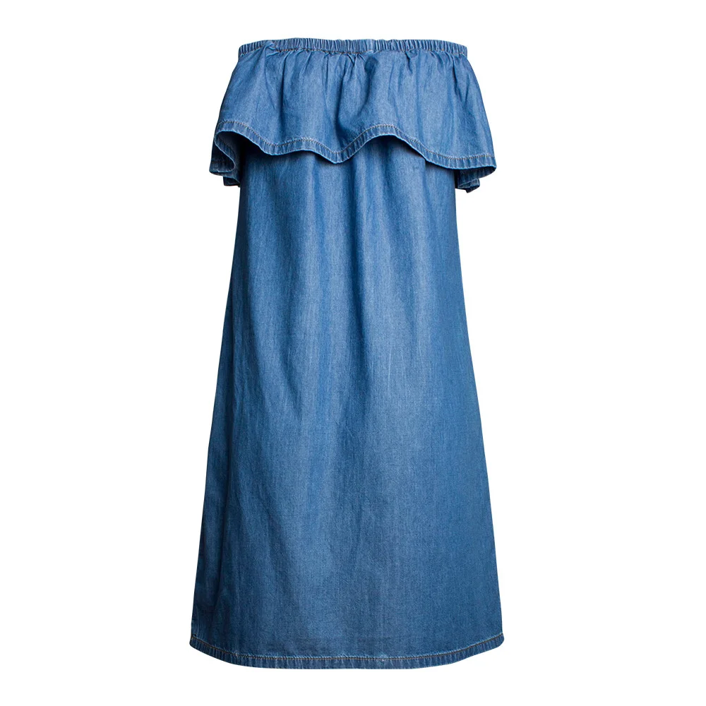 

New one-shoulder dress ruffled embroidery casual dress loose mid-length denim cotton midi skirt