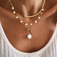 women multilayer necklace coin pendant necklace pearl pendant retro fashion clavicle chain jewelry wholesal