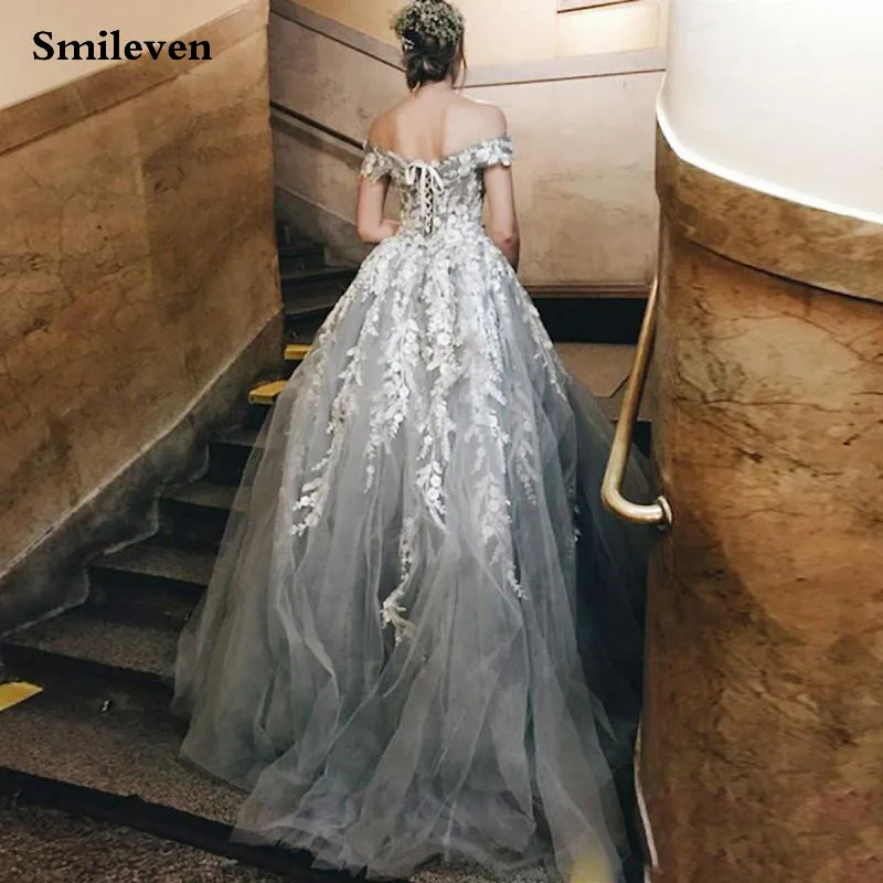 Кружевное Вечернее Платье Smileven серое длинное платье с аппликацией открытыми