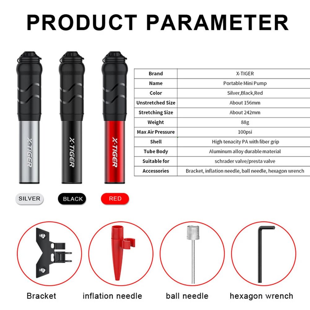 

100PSI Aluminum Alloy Mini Portable Bicycle Pump Mountain Bike Air Pump Universal Tube Bike Pump Fit For Schrader, Presta Valve