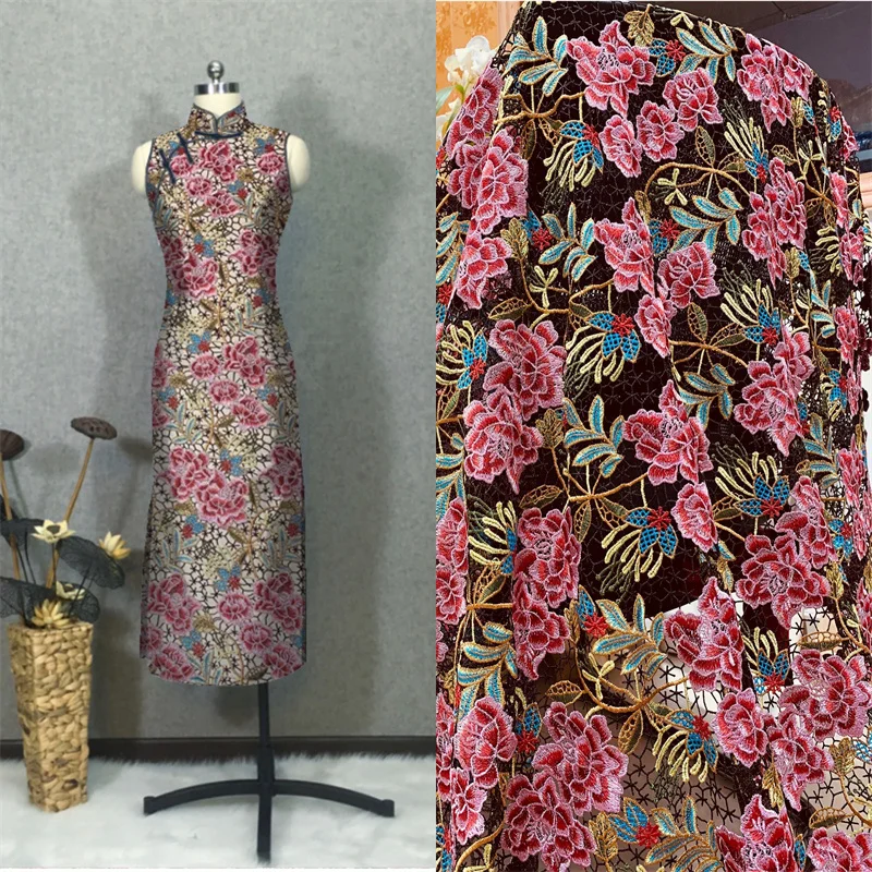 

Кружевная ткань Lace255, чёрный бас, красные розы, вышивка, высокая мода, чонсам, мода, очень тонкая одежда