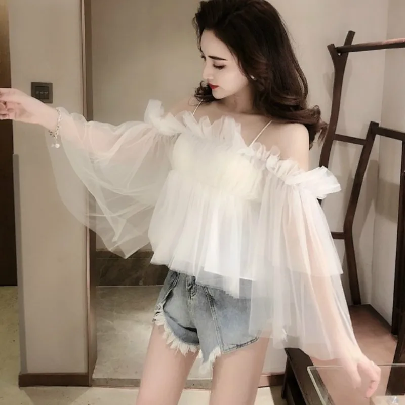 

Sexy Chiffon Shirts Off Shoulders Flare Sleeve Multi-Layers Slash Neck Gauze Perspective Blouses Mesh Pleated Tops Blusas Mujer