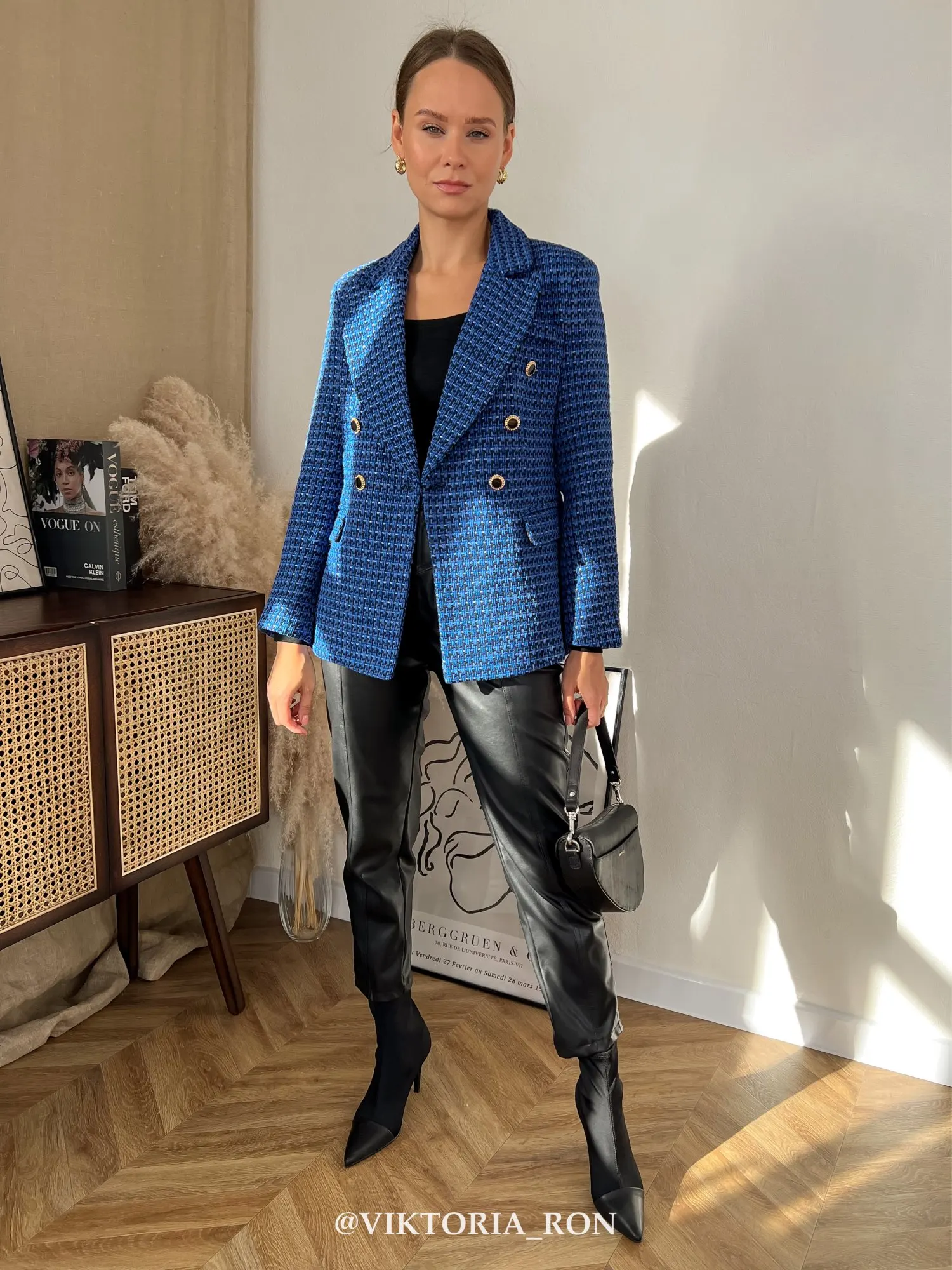 Женский двубортный приталенный Блейзер винтажный пиджак из твида в клетку с