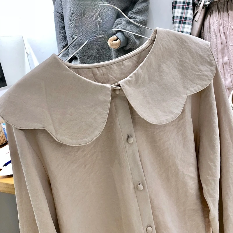 

Spring Sweet Peter Pan Collar Age-reducing Shirt Women Blouses Long Sleeve Camisas Mujer 2021 Single Breasted Women Tops
