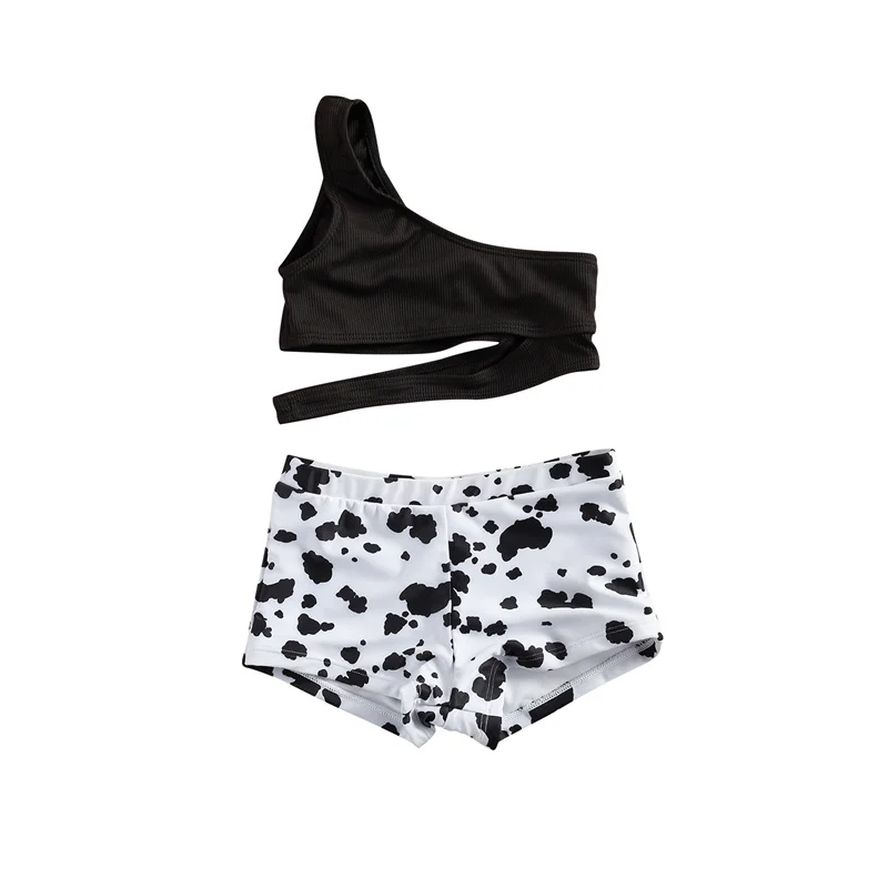 

Женские бикини, костюмы из двух частей, Модный черный укороченный топ на одно плечо с вырезами, шорты, детский купальник, купальный костюм