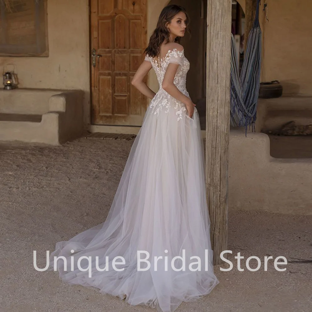 

Elegant Tulle Wedding Dress A-Line Short Sleeve Appliques Beading Sweep Train Bridal Gowns 2021 Vestidos De Noivas