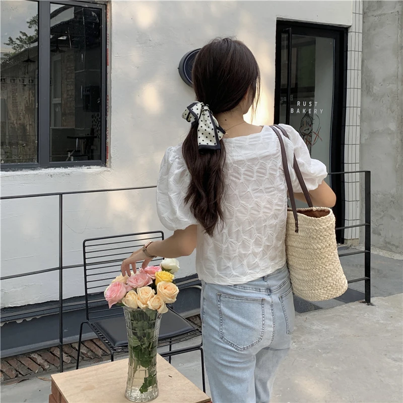 

Summer Thin Women's Shirt Women's Design Square Collar French Bubble Sleeve Top Short Sleeve Shirt M344