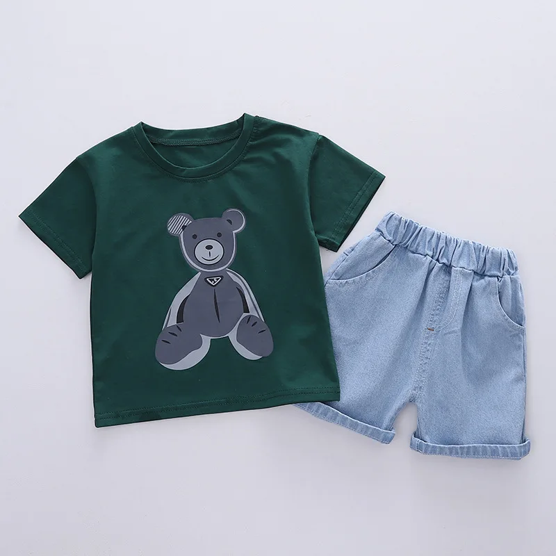 

2021 Summer Toddler Boys Clothes Sets Infant Kids Cartoon Bear T-shirt+denim Shorts Baby Fashion Outfits Girls Cotton Clothing