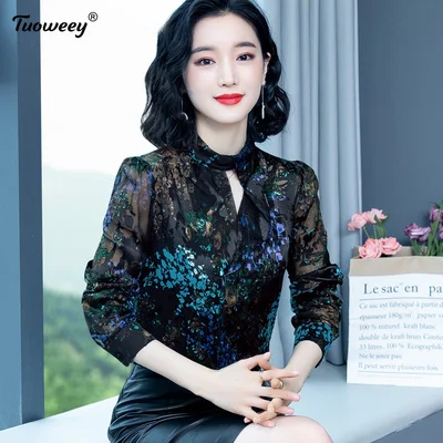 

Long Sleeve Chiffon Shirt Female Fashion Printing with Buttons Cool Breathable Bottoming Blouse Stand Collar Hollow Pullover