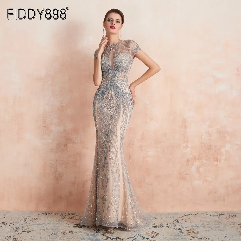 Роскошные Русалка вечернее платье 2020 Кепки рукава полностью вышитое бисером