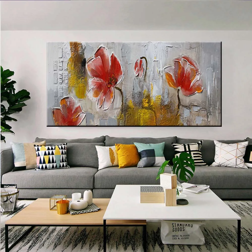 

Hand Painted Abstract Red Flower Impasto Oil Painting On Canvas Wall Art Picture Living Room Home Decoration Drop Shipping
