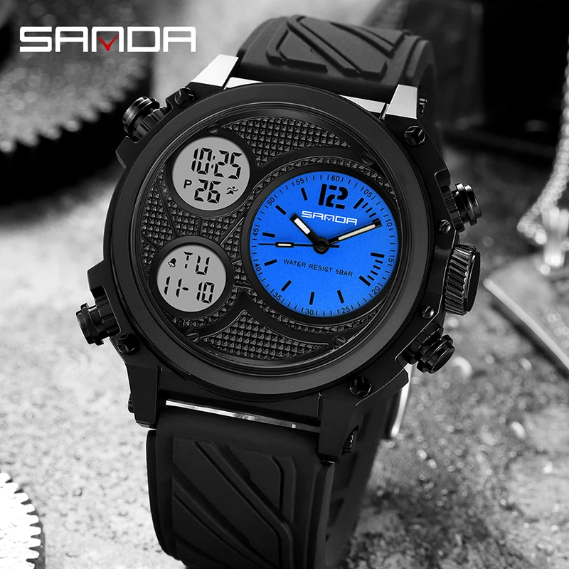 

SMAEL Three Time Display Quartz Watch for Men LED Sport Digital Watches 50m Waterproof ElectronicWristwatch Alarm Clock Relogio