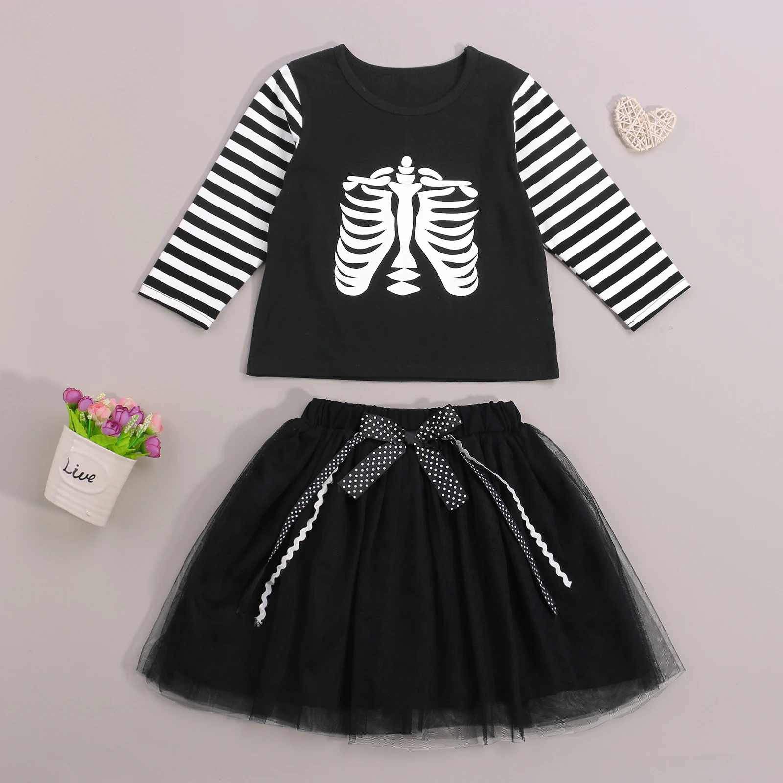 

Spring Kids Girls Halloween Outfits Striped and Bone Print Round Collar Long Sleeve Tops+ Mesh Skirt with Bow-knot Clothes Set