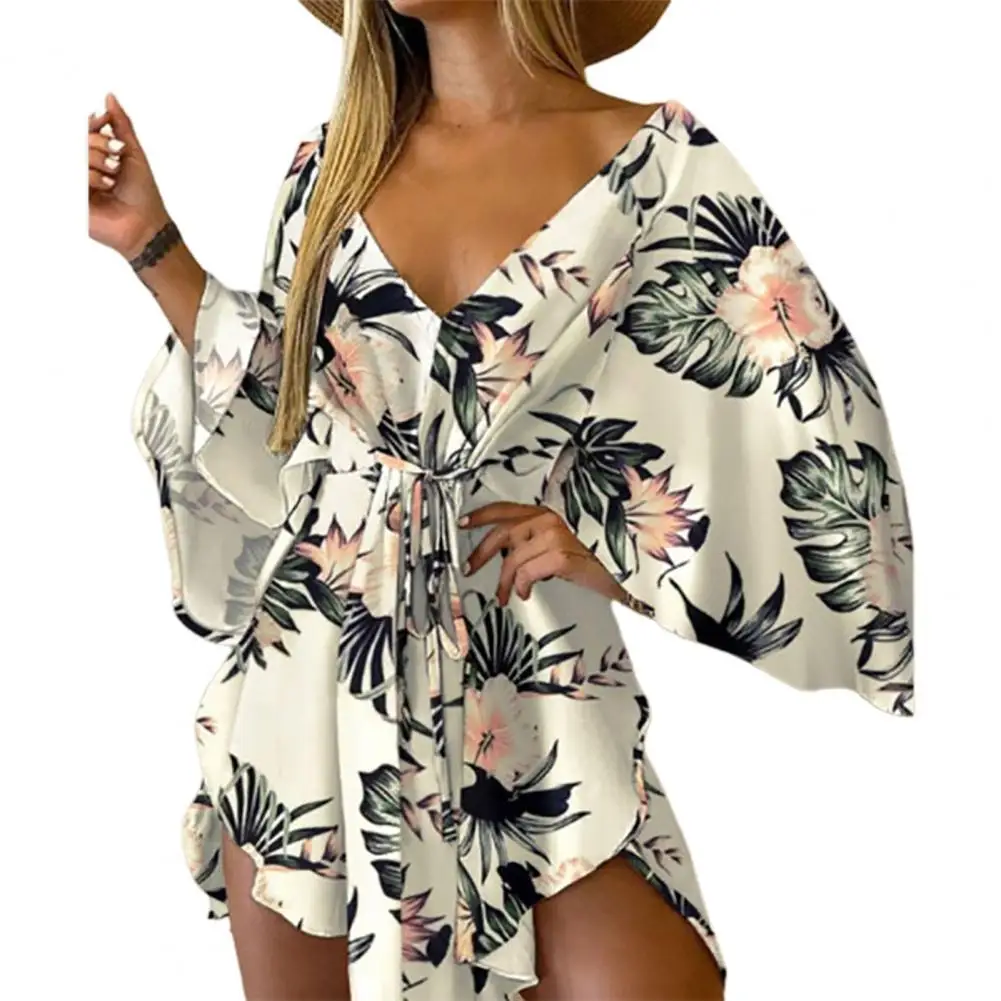 

Women's Summer Beach Dress Asymmetrical Hem Mini Dress Tropical Print Sexy Tie Front V Neck Sexy Women Mini Dress Beachwear 2021