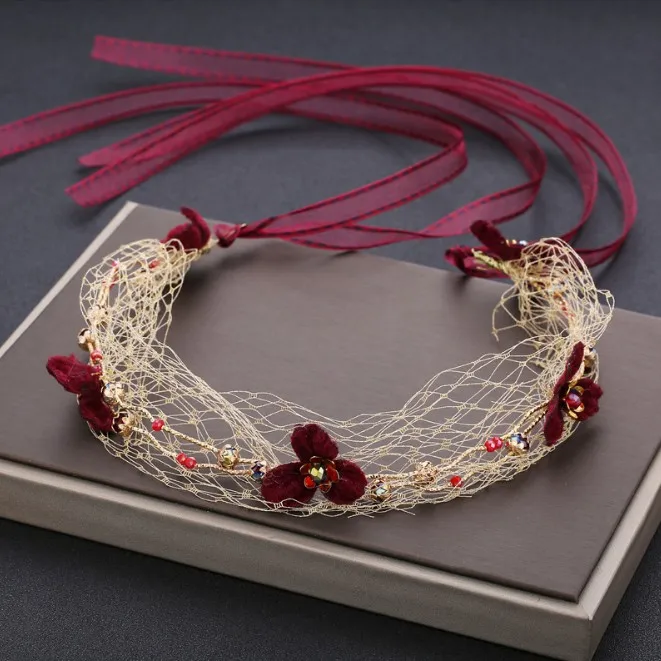 Корейские бордовые винные Красные кружевные ленты цветок сетка повязка на