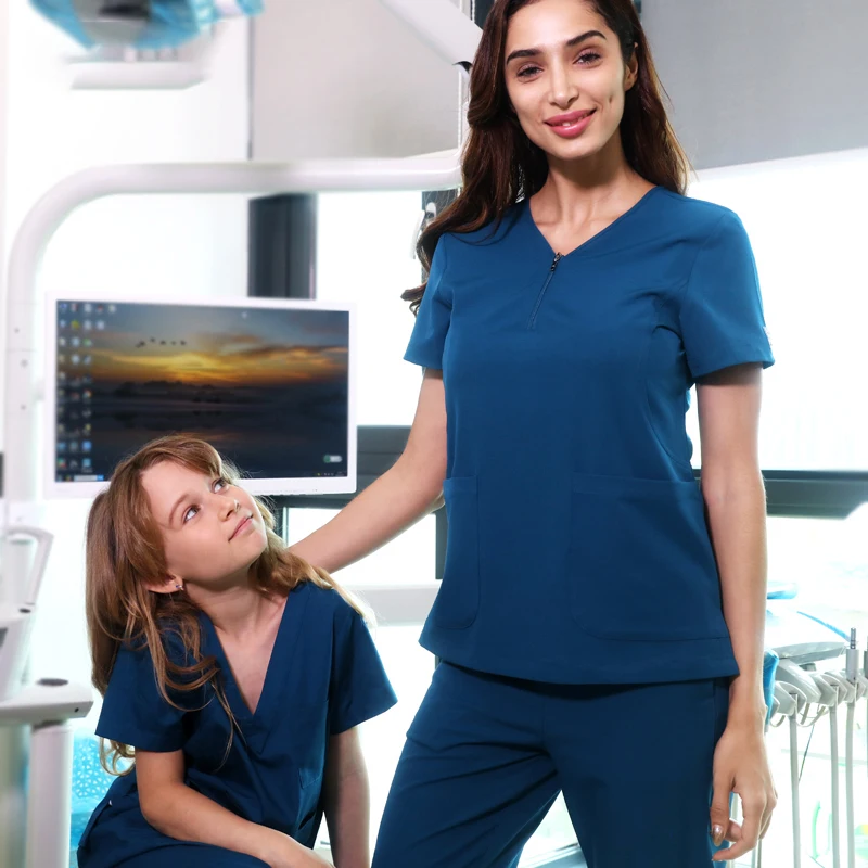 

Women Stretch Scrub Set Workwear Scrubs Uniform Short Sleeve Polyester Spandex Fashion Girl Outfit Working Suit 20SS025