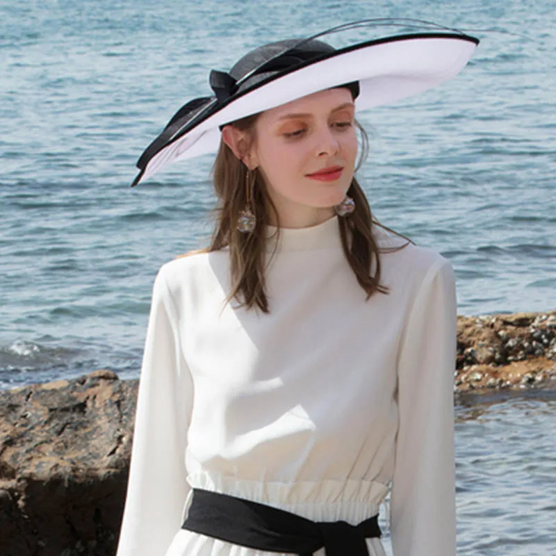 Black White Hat FS вуалетки с большими полями Кентукки Дерби шляпа Королевские Свадебные шляпы элегантные женские платья для церкви Леди Черный Красный Чай Вечерние Fedora - Цвет: Black White Hat