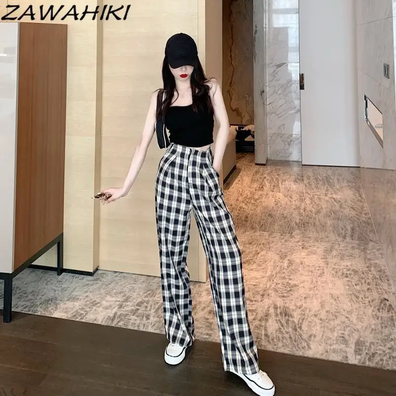

ZAWAHIKI Korean Fashion Casual Women Pants Spring Summer High Waist Loose Straight Plaid Wide Leg Pants All-match Long Trousers