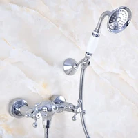 polished chrome brass wall mounted bathroom hand held shower head faucet set mixer tap dual cross handles mna768