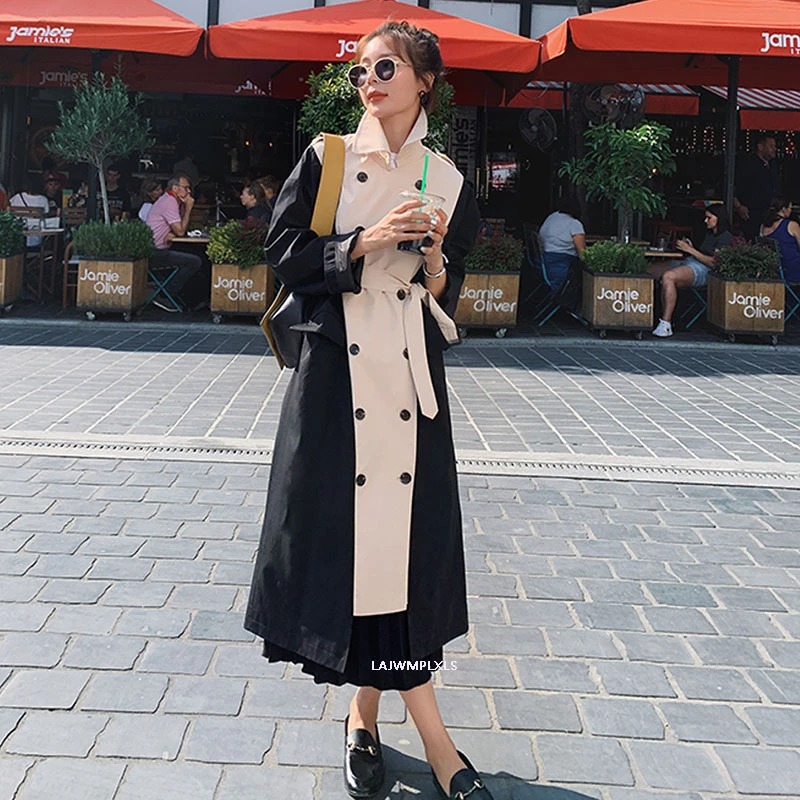 2021 Новинка весны Осенняя однобортная Цвет блок из кусков ветровка длинное пальто