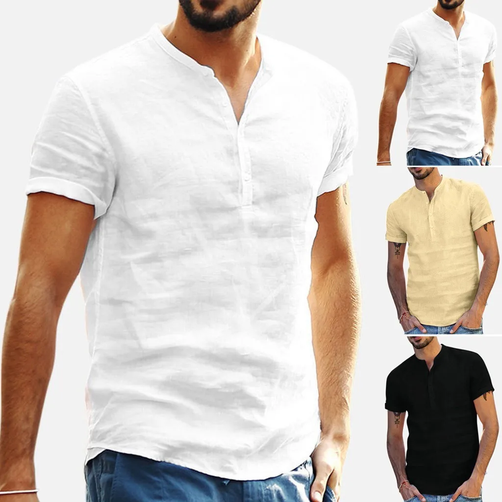 

Men's Tees Baggy Cotton Linen Soid Color Short Sleeve Retro T Shirts Tops New Fashion Print Shirts For Men Plus Size Streetwear