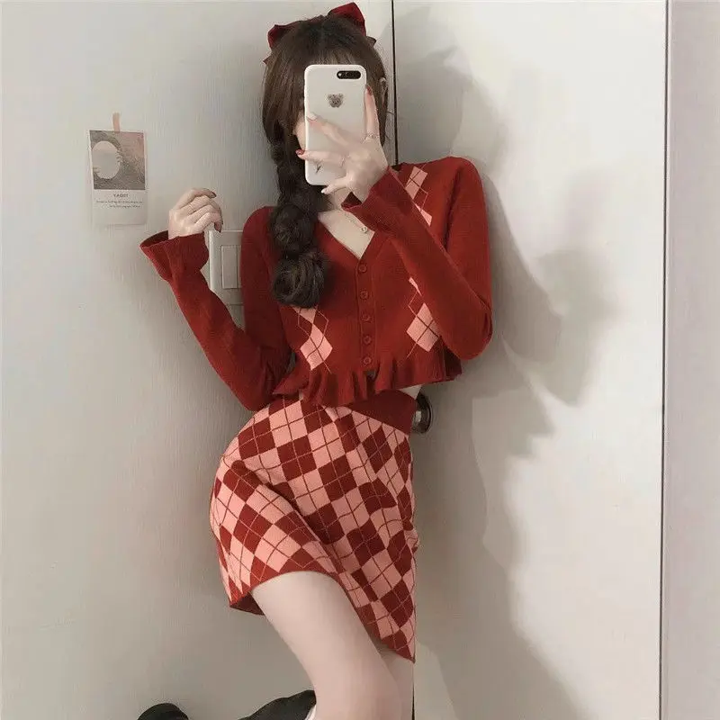 

Argyle Plaid Ruffle Knitted Women Sets Full Sleeve Co-ords Crop Top Mini Skirt Suits 2 Piece Slim Red Blue Clothing Outfits Fall