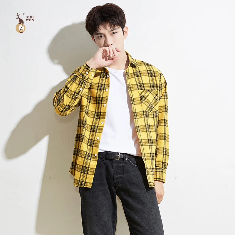 AOLIWEN2019 Мужская модная клетчатая рубашка летняя с длинными рукавами мужская