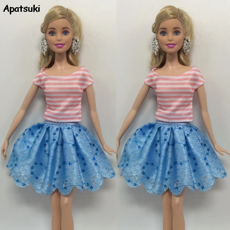 Розовая полосатая футболка Одежда для кукол Барби короткие платья синяя юбка