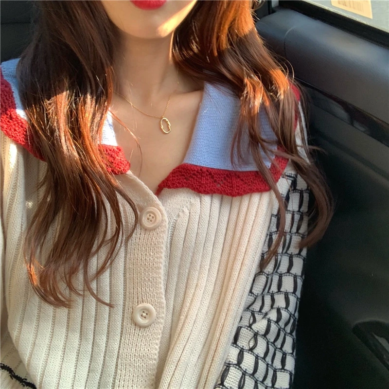 RealShe свитер кардиган для женщин Питер Пэн воротник пуговицы пэчворк женский 2019