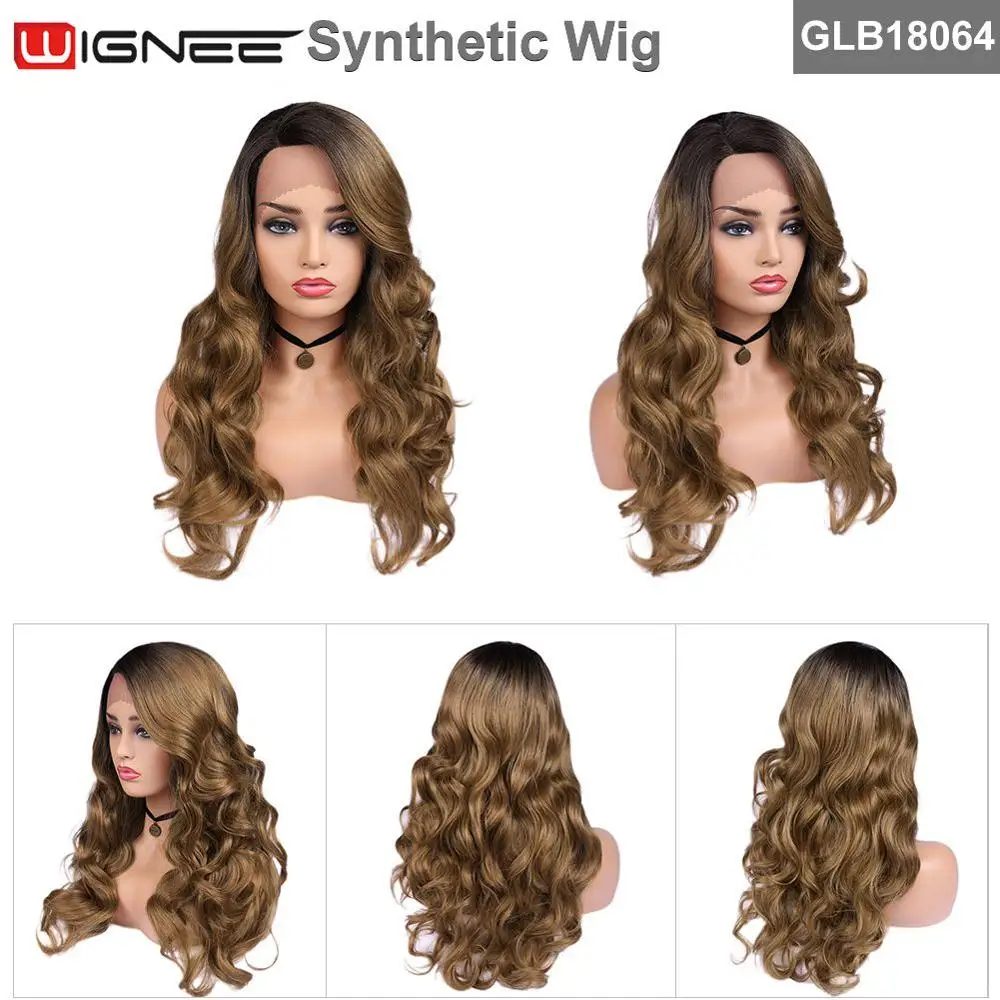 Wignee,, Новое поступление, синтетические парики на кружеве для женщин, боковая часть, Омбре, коричневые, длинные волосы, волнистые парики, косплей, повседневные или вечерние парики