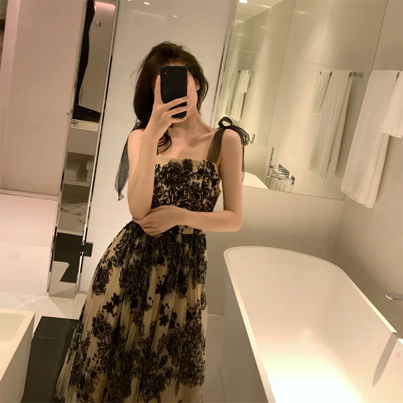 

DALMAZZO Black Mesh Embroidery Women Slash Neck Spaghetti Strap Long Dress Summer Designer Runway Dresses Vestidos Female 2023