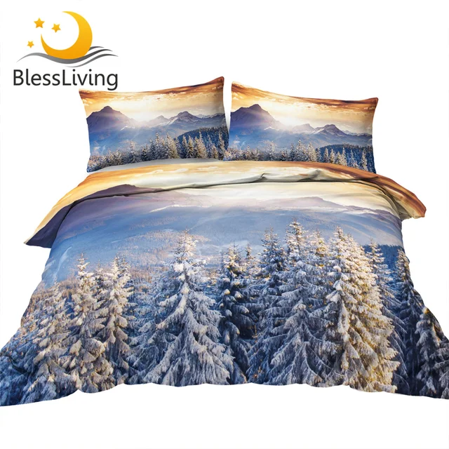 BlessLiving Winter Landscape Bedding Set Coniferous Tree Duvet Cover 3D Sunset Mountain Bedspreads Nature Beauty Forest Bed Set 1