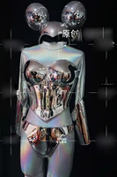 future technology Nightclub bar mirror costume silver mouse jumpsuit women party girl singer stage show dancer clothing