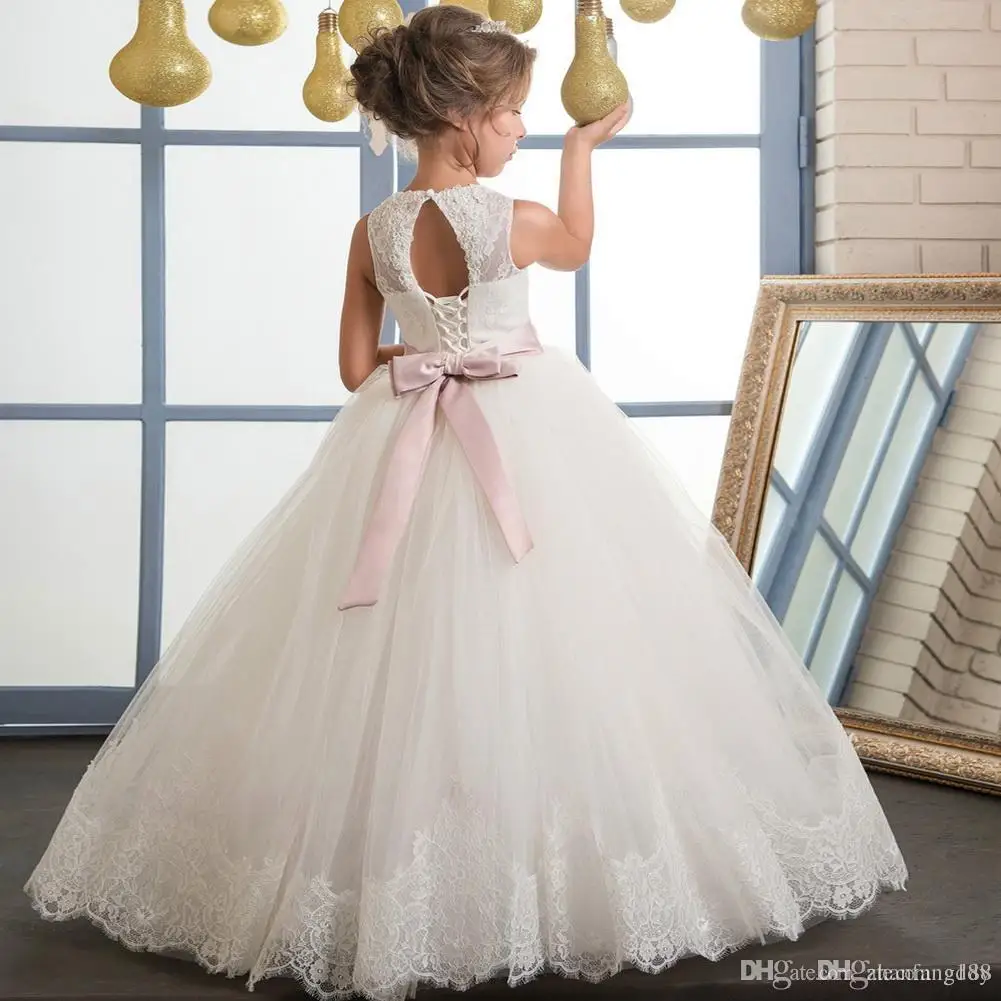 

Girls Holy Communion Dresses Beaded Pink Beautiful Long Little Flower Girls Pageant Graduation Dresses Kids Lace Hem