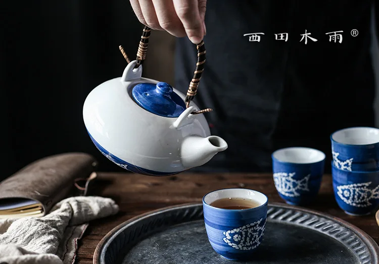 Fish tea set Japanese high-temperature glaze color one pot four cup teapot tea cup gift box set