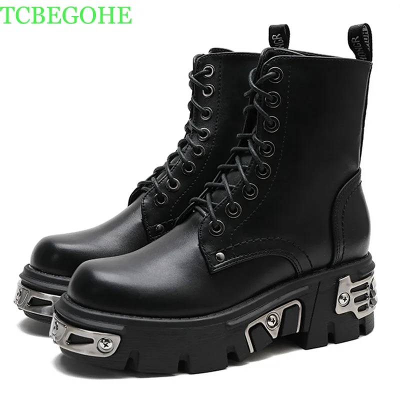 

Darkness Punk Style Platform Women Ankle Demonia Boots Chunky Heel Black Metal Decor Women's Motorcycle Boot Lace UP Top Quality