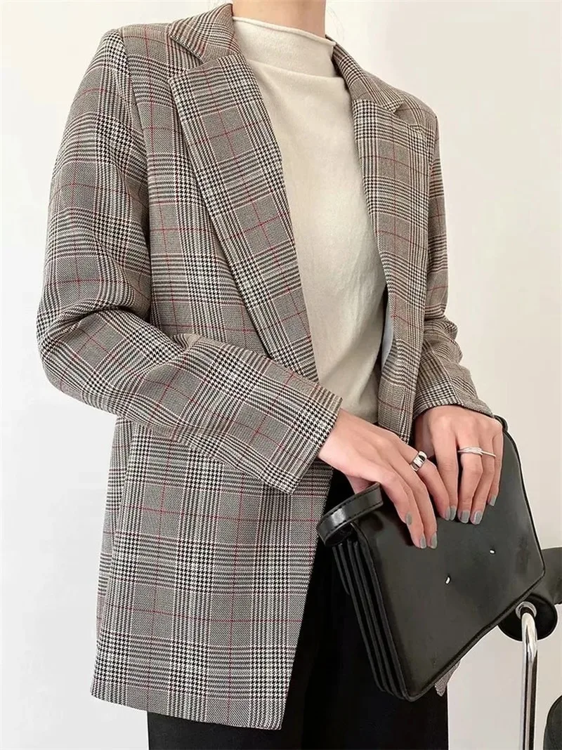 

Buttonless Plaid Blazer Suit with Free Sashes 2021 Women Lace Up Office Blazers Fashion New Casual Commute Suit with Free Belt
