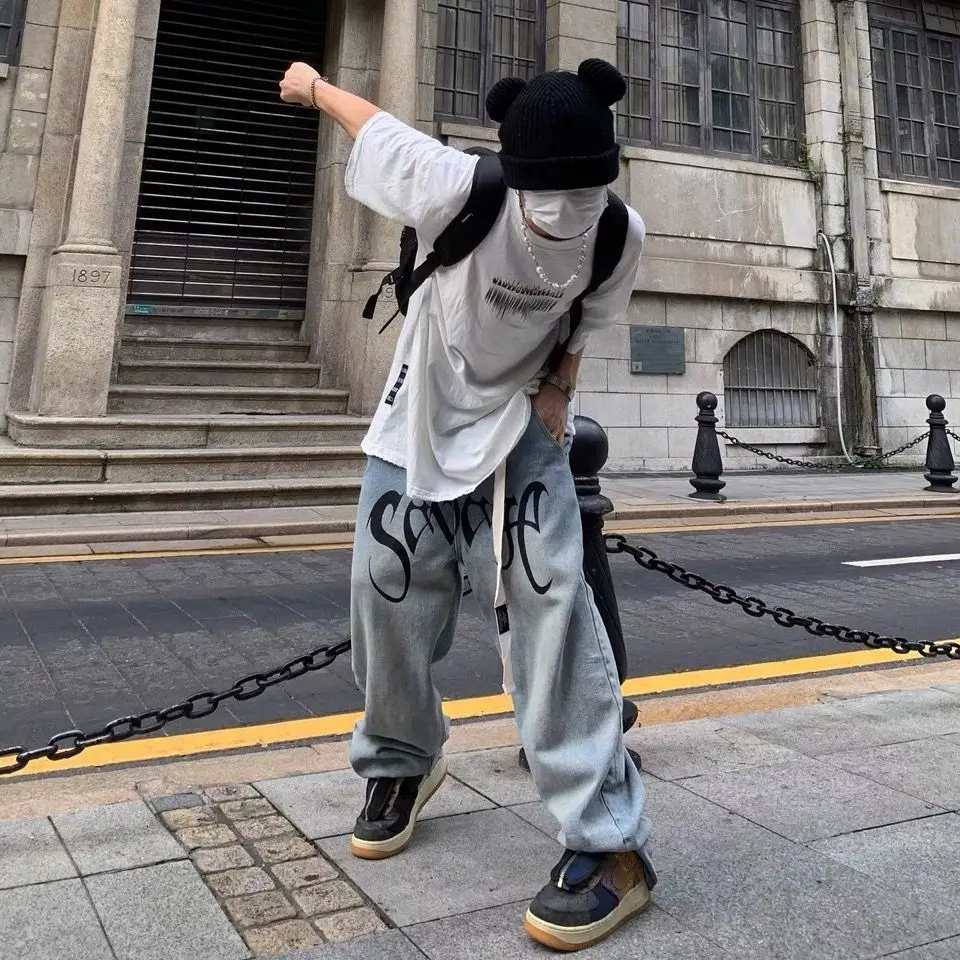 European And American Loose-fitting Men's Jeans For Spring 2021 The New Retro Print Trend Hip Hop Denim Pants Are Selling Well