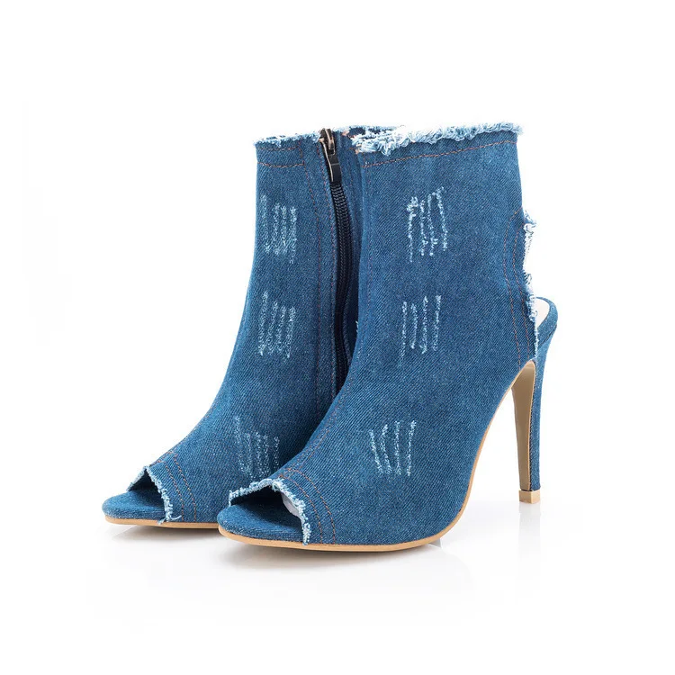 

2021 Spring and Summer New Fashion High Heels Fish Mouth Hollow Short Boots Women's Shoes Washed Denim Sandals