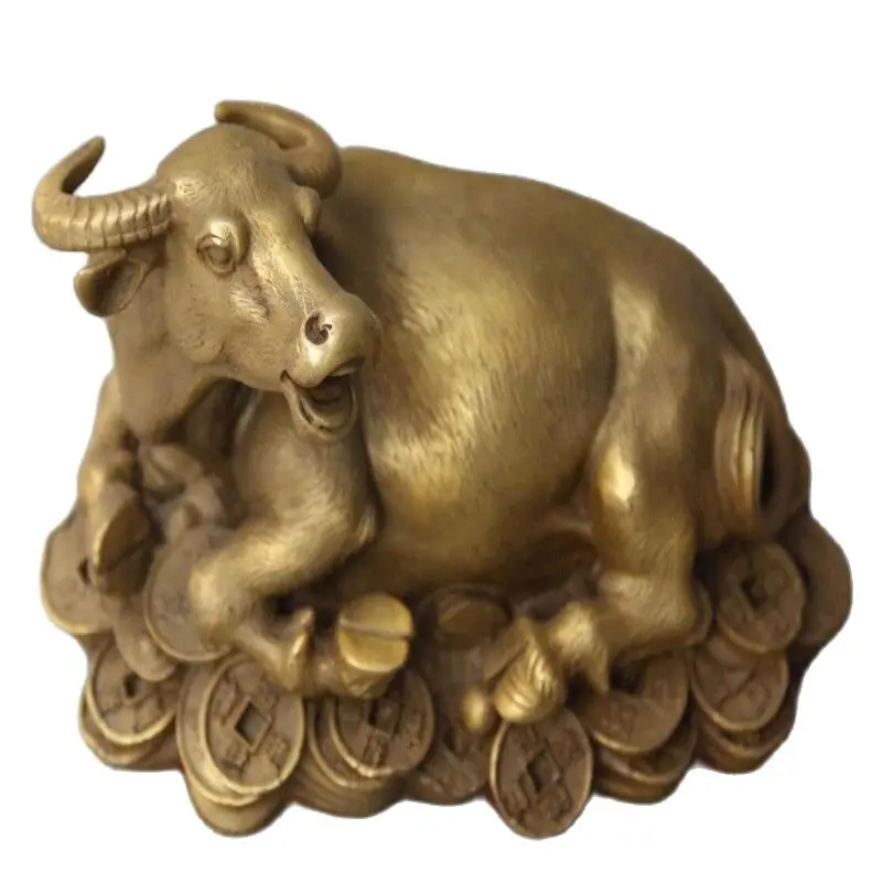 Chinese pure Bronze Wealth YuanBao Money Bull Unicorn OX Oxen Animal Statue