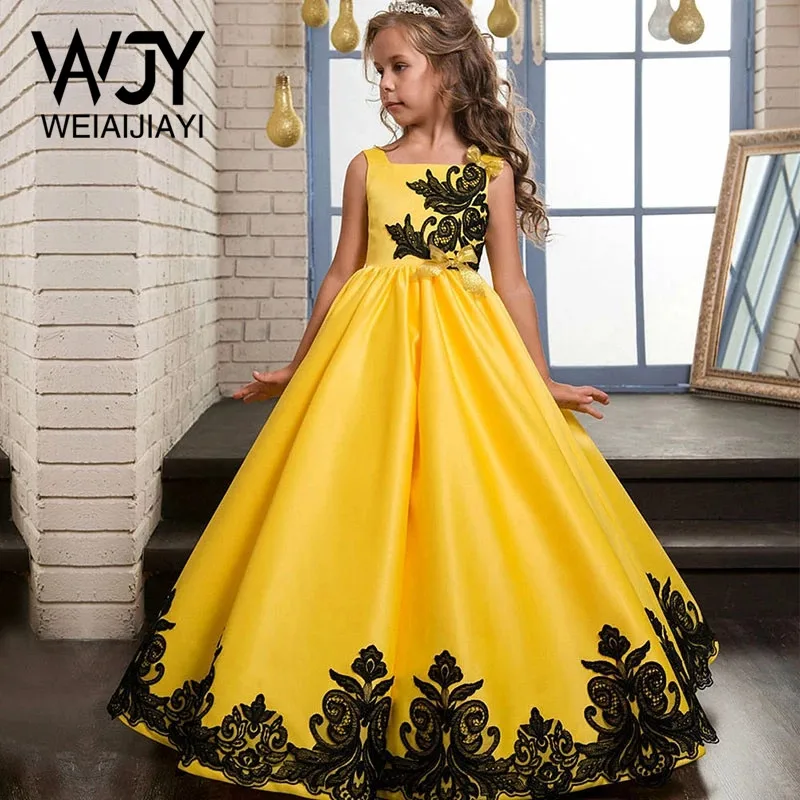 

Free Shipping Square Neck Yellow A Line Long Wedding Flower Girl Dresses Appliques Floor Length Cute Kids Child Pageant Dress