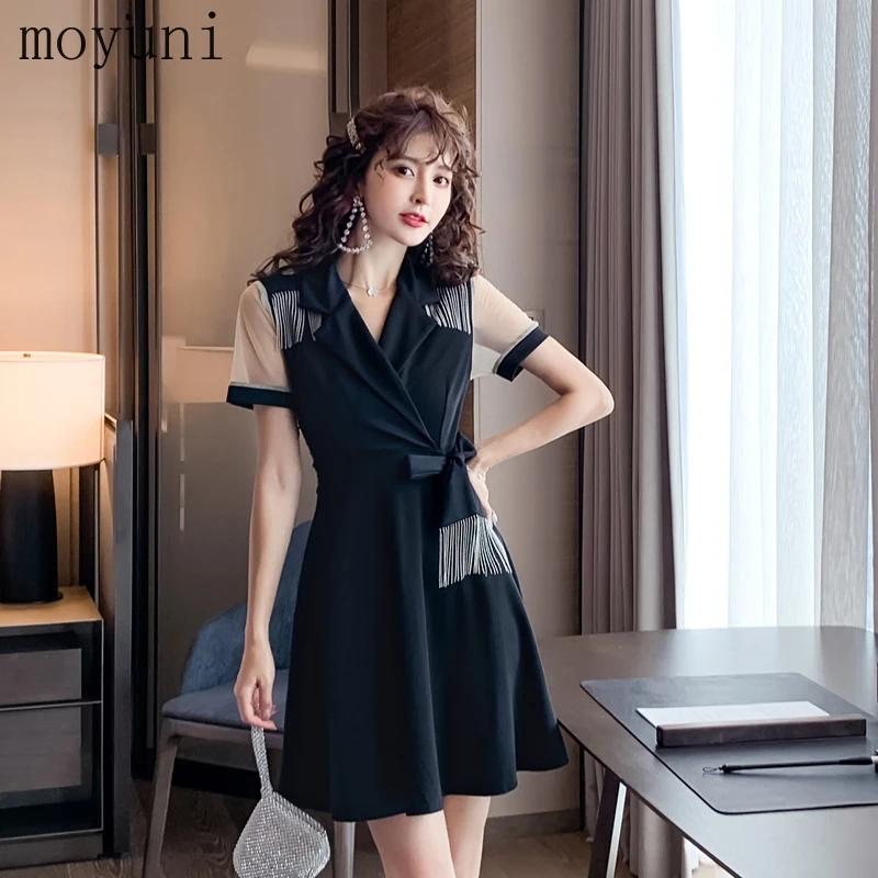 

Waist Trimming Short-Sleeved Dress Female 2021 Summer New Mesh Stitching Elegant Dresses for Women Party Black Dress Oversize