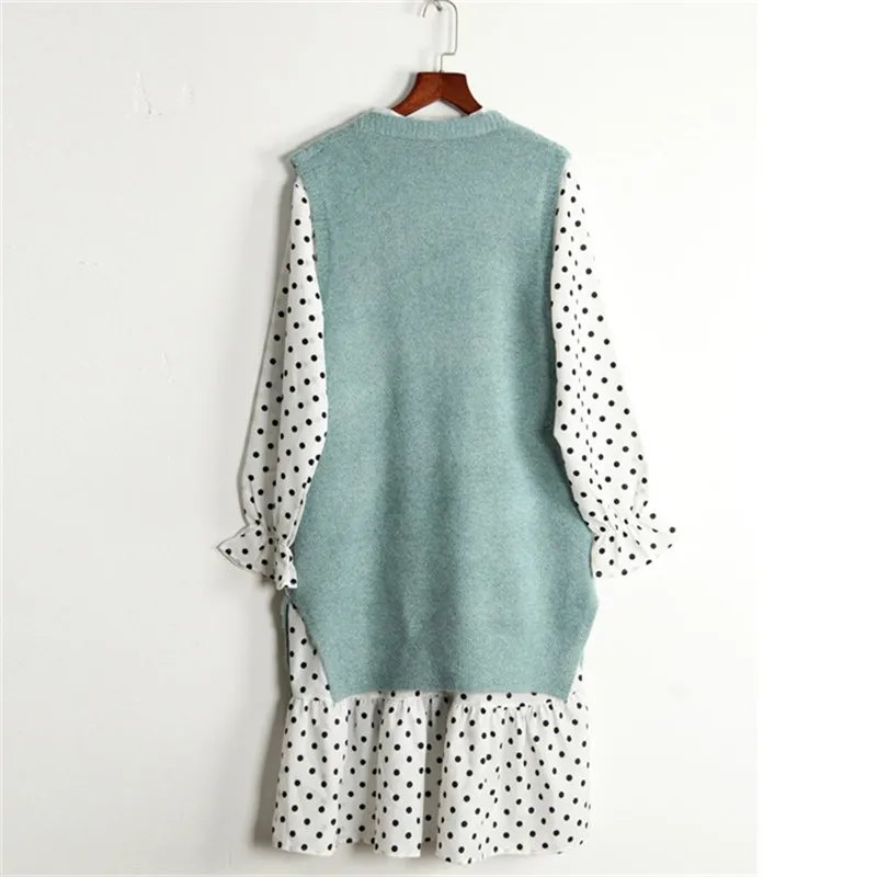 Women Autumn Suit Fashion Sunny Knit Vest and Dress Set Sleeveless Sweater Polka Two Piece Sets Fall Vintage 2 |