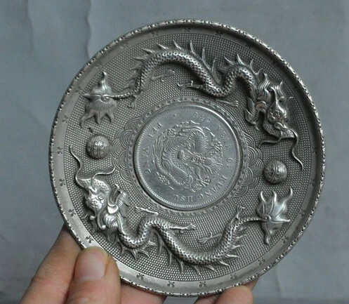 

Good Lucky Home furnishings antiques collection End white copper inlay silver dollar Dragon playing pearl plate