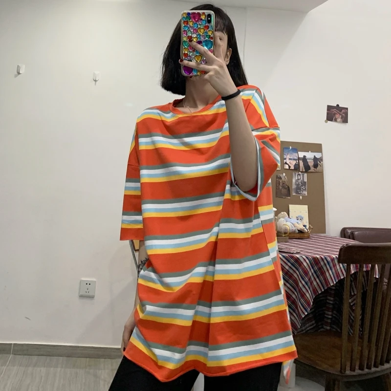 

Euro Size Oversized Orange Yellow Striped Men T Shirt Summer Harajuku Short Sleeve Tops Women Fashion Ulzzang Korean Streetwear