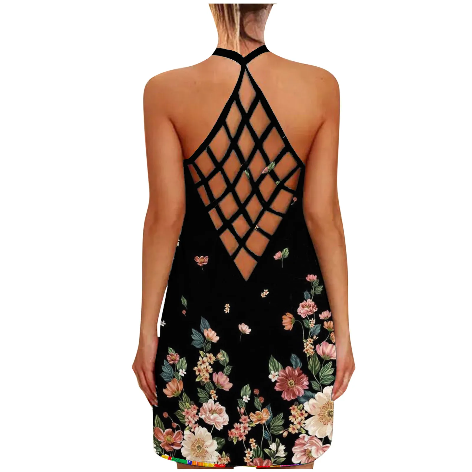 

Women Sunflower Print O-Neck Sleeveless Sexy Blouse Vest Fashion Tank Dress Lady Hollow Out Midi Dress 2021